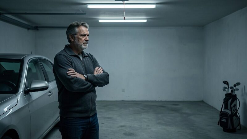 A man staring at his empty garage space