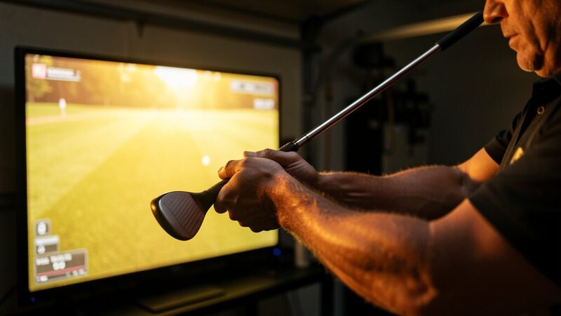 Hands gripping a golf club, ready to swing