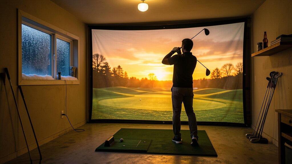A garage at night with a golf simulator glowing