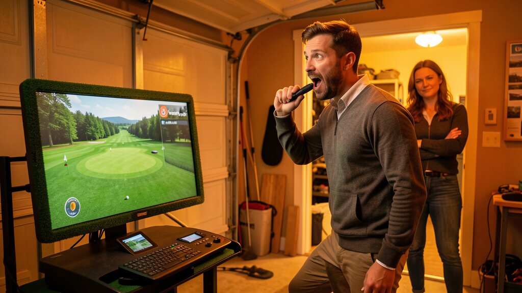 Husband showing wife his new golf simulator